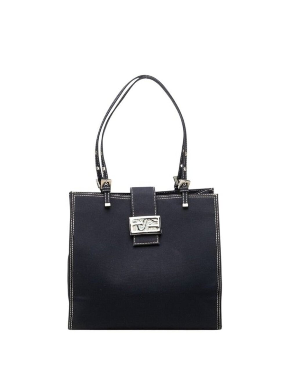 Fendi FF Logo Buckle Tote Shoulder Bag Navy Canvas